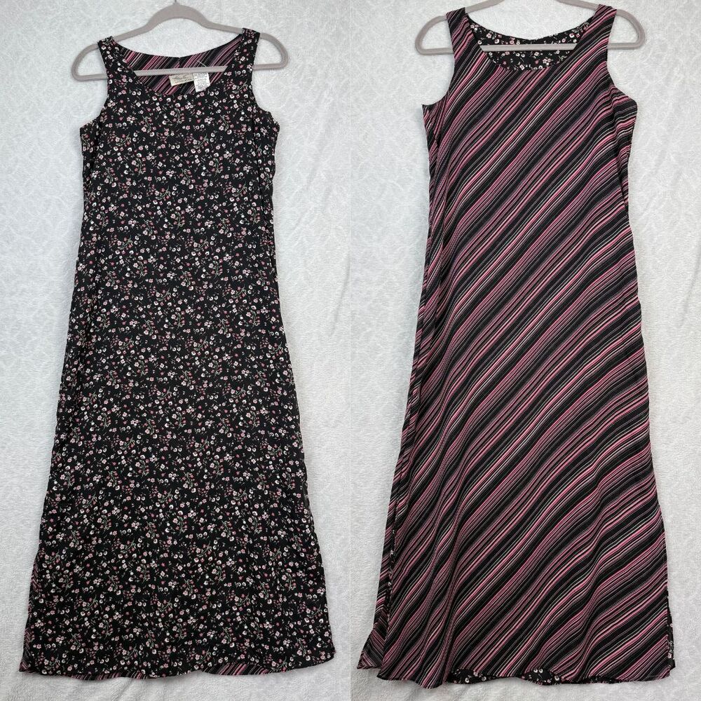 Vtg Reversible Maxi Dress Small Black Pink Floral Sleeveless Grunge 90s Y2K Boho